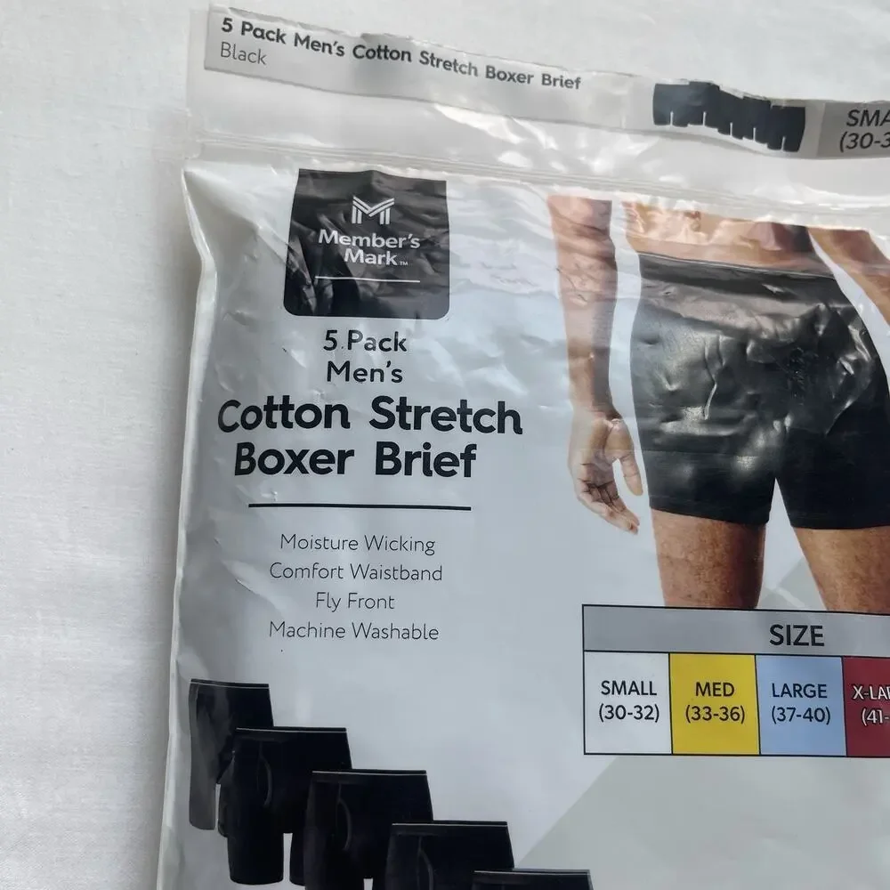 Member's Mark Men's 5-Pack Cotton Stretch Boxer Brief Size Small,‎ Black